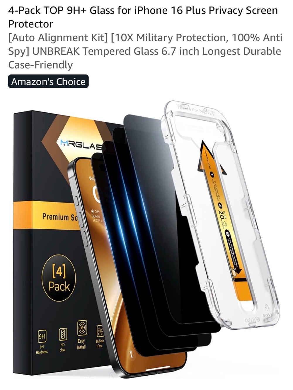 Privacy Tempered Glass Screen Protector for iPhone 16 Plus — Black (4-Pack)